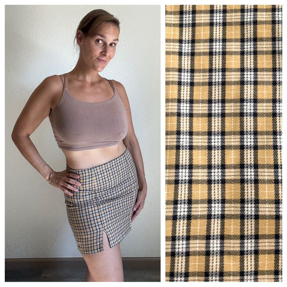 Aeropostale Plaid Skirt Tan Black White Dual Slit Large Preppy